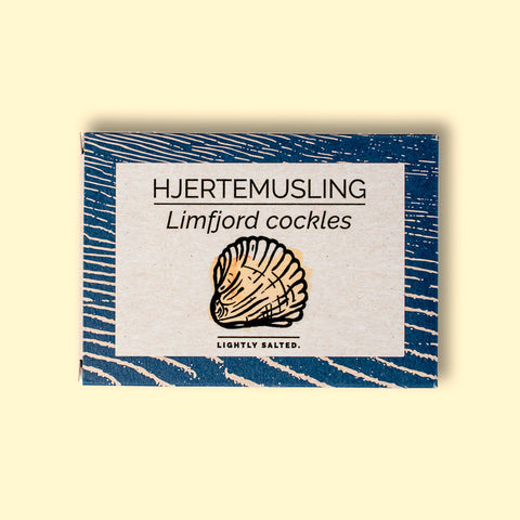 Limfjord cockles in white and blue packaging, featuring an illustration of a cockle, with text beneath reading lightly salted.