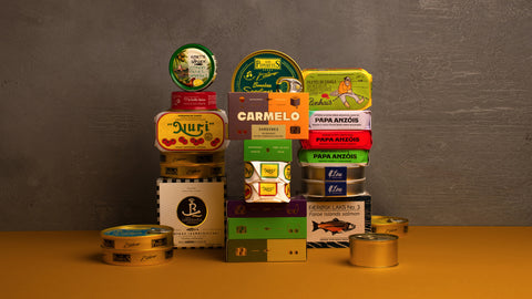 Stack of various tins and gift boxes with different colour from Spain and Portugal
