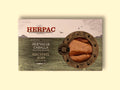 A tin of mackerel roe in rectangular card packaging. The Herpac logo is written in red lettering above a green sea with seagulls flying over it. There is a golden porthole on the right hand side of the packaging through which you can see the mackerel roe.