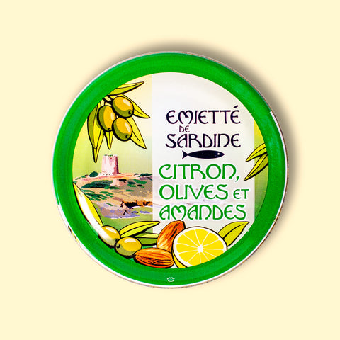 La Belle Iloise slow-cooked sardine spread with lemon, olives and almonds, in a green illustrated tin.