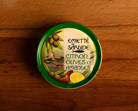 Slow-cooked sardine spread with lemon, olives and almonds
