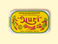 A tin of sardines in yellow packaging with Nuri written in green lettering and images of red chilli peppers and flames on the front