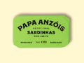A tin of sardines in olive oil in lime green packaging, featuring the Papa Anzois brand name on top. 