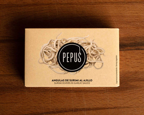 A cream-coloured rectangular box with an image of some surimi eels on the front and the round Pepus logo overlaid