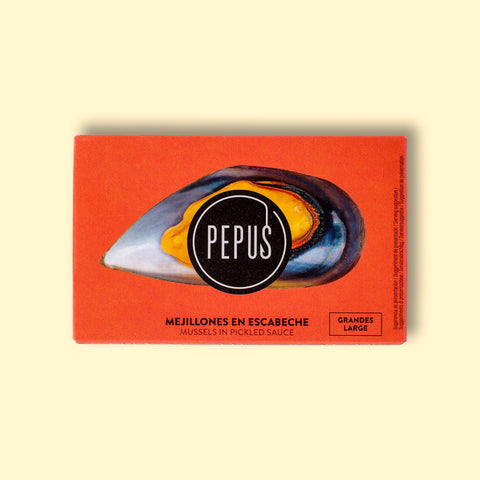 A tin of mussels in rectangular orange card packaging with an image of an orange mussel in its shell with the Pepus circular logo overlaid