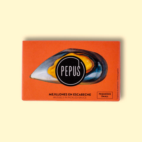 A tin of mussels in rectangular orange card packaging. There is an image of an orange mussel in its shell with the Pepus circular logo overlaid