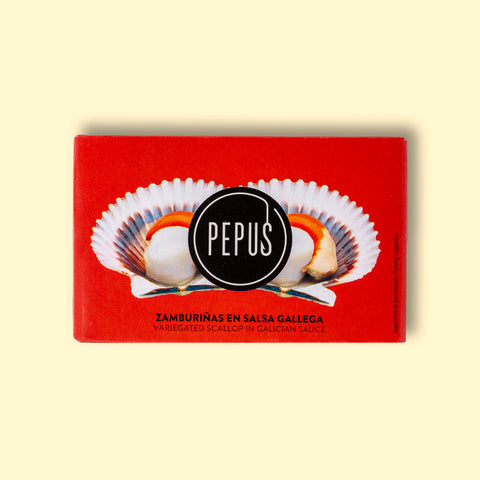 A tin of scallops in rectangular red card packaging. There is an image of two scallops in their shells with the Pepus circular logo overlaid.