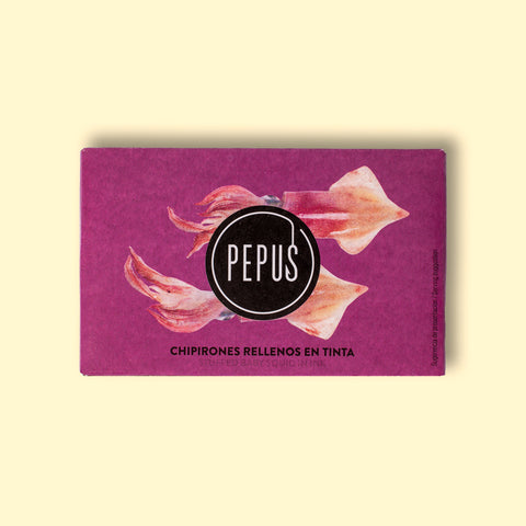 A purple rectangular box with an image of two squid on the front, overlaid with the round Pepus logo