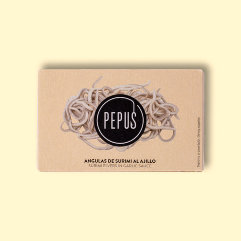 A cream-coloured rectangular box with an image of some surimi eels on the front and the round Pepus logo overlaid