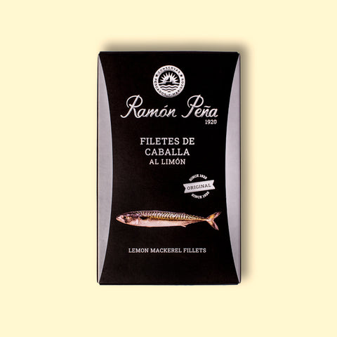 A tin of Ramon Pena lemon mackerel fillets in black rectangular packaging, with an image of a mackerel. 