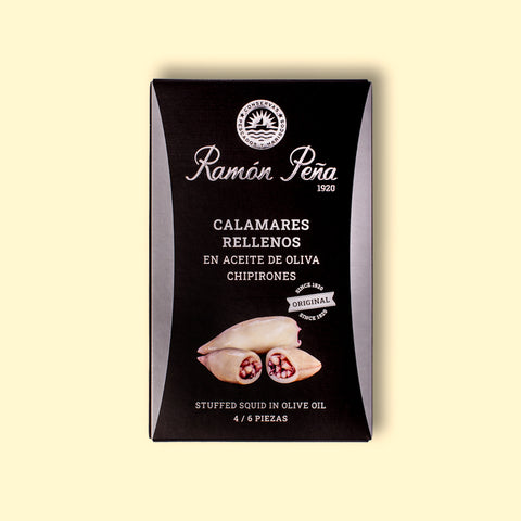 A tin of Ramon Pena stuffed in squid in olive oil, in black card packaging with silver lettering and an illustration of a squid with stuffed tentacles. 