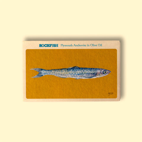 A can of anchovies in off-white card packaging with a painting of a long blue, green and silver fish against a yellow background below Rockfish Plymouth anchovies in olive oil written in blue lettering.
