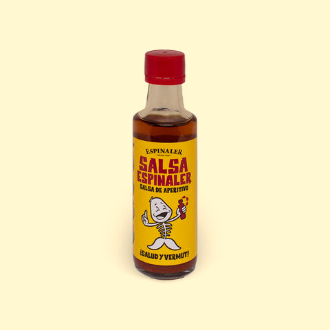 Salsa from the brand Espinaler, which can be paired with our seafood products. Decorated with a fish skeleton cartoon. 