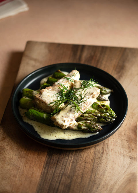 Sea bass with charred asparagus