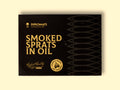 A black rectangular tin with smoked sprats in oil written on it in yellow lettering. A pale grey geometric design created out of fish is on the right of the tin. The tin is against a pale yellow background. 