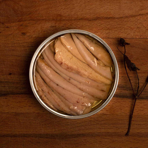 An open round tin of slices of tuna belly in olive oil, with a dried plant stalk beside it on a wood background.