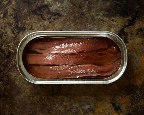 tinned anchovies in a silver trimmed tin placed upon a granite countertop background