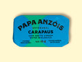 A tin of horse mackerel in organic extra virgin olive oil, with Papa Anzois labeled on top, presented in light yellow and green rectangular packaging. 