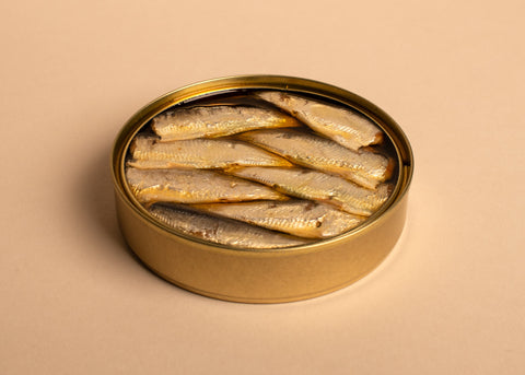 golden open tin of small sardines in olive oil